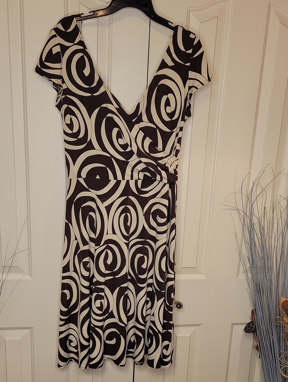 dressbarn Black & White Swirl Wrap Midi Dress
